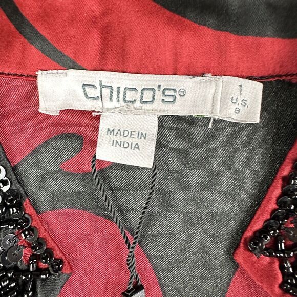 Chicos Top Blouse Size 1 Embellished Tunic Festive Scroll LS Allure Red NEW $129 - Picture 12 of 15